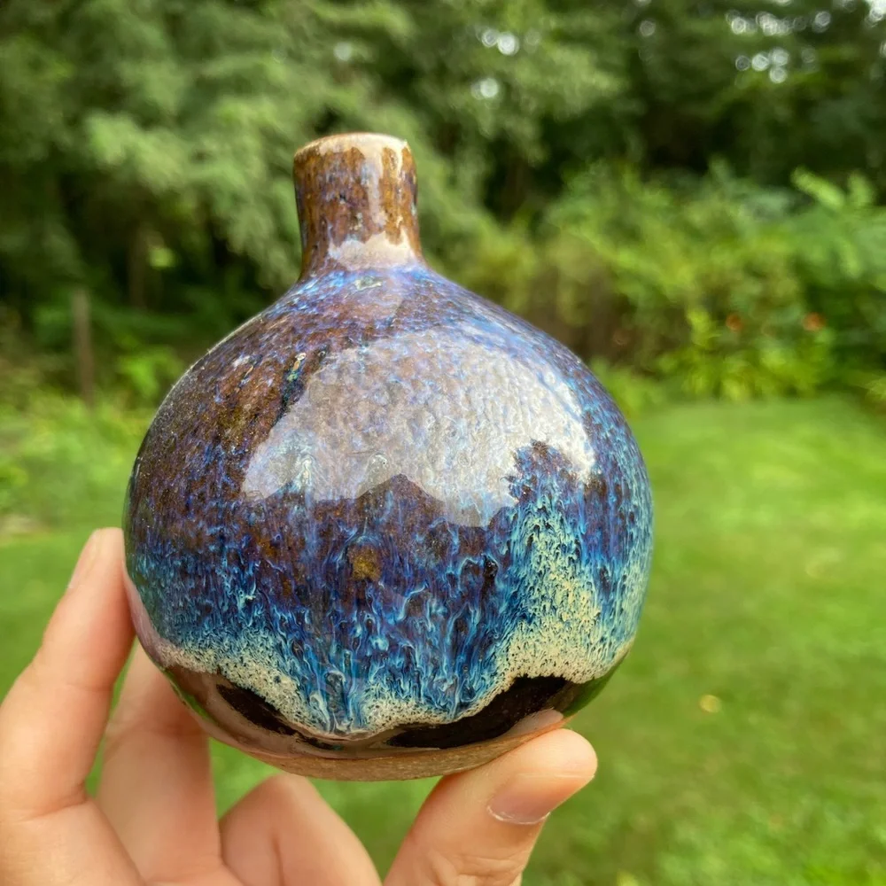 Vintage Brown and Blue Glazed Round Bud Vase - Picture 6 of 13